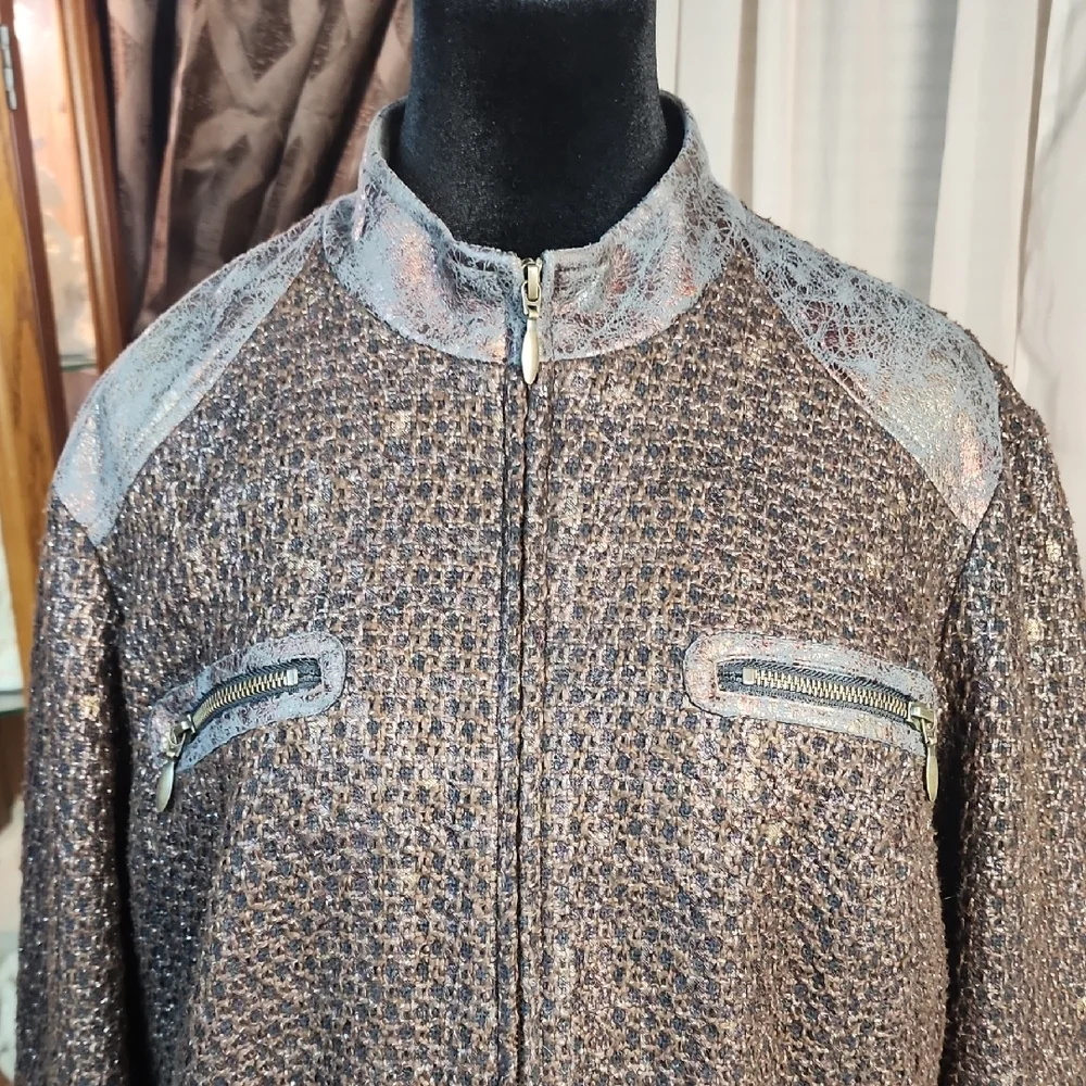 CHICO'S| Brown Bronze Copper Tweed Metallic‎ Full Zip Gold Lined Jacket | XL 16